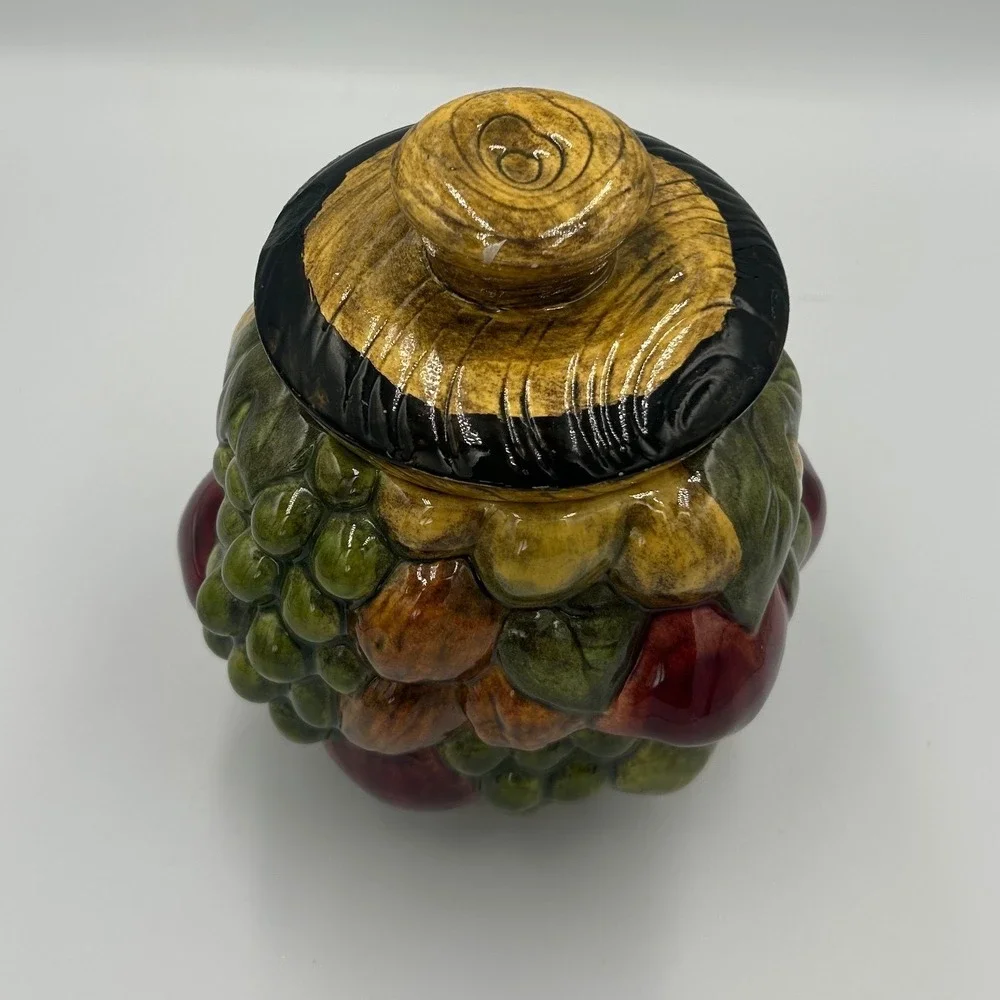 Vintage Style Fruit Harvest Ceramic Canister Hand Painted Grapes Apple Walnut 8
